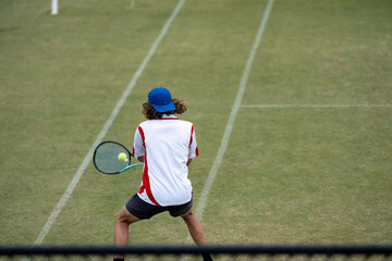 tennis fan watching a tennis match at the australian open. Grass court tennis. Lawn court in summer in England.