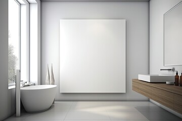 Naklejka na ściany i meble Modern bathroom with a large blank canvas. Mockup copyspace template created using generative AI tools