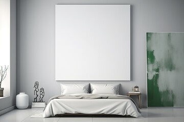 Modern minimalistic light bedroom with a large blank frame on the wall. Mockup template created using generative AI tools