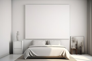 Fototapeta na wymiar Modern minimalistic light bedroom with a large blank frame on the wall. Mockup template created using generative AI tools