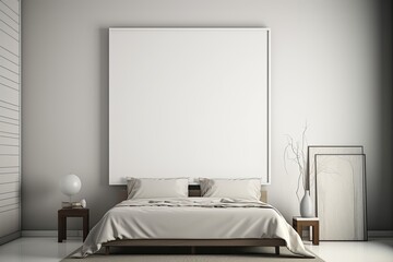 Modern minimalistic light bedroom with a large blank frame on the wall. Mockup template created using generative AI tools