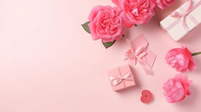 Roses et cadeaux, fond rose,  f&ecirc;tes des m&egrave;res ou Saint-Valentin
