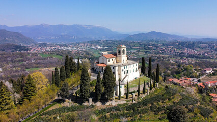 aerial view of the sanctuary on the top of the Montevecchia hill