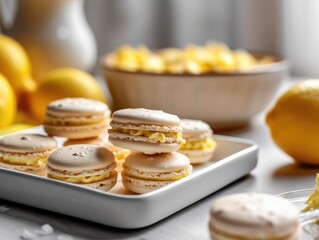 Obraz na płótnie Canvas Tasty lemon homemade macarons. Generative AI