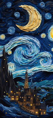Poudlard la nuit dans le style de la nuit étoilée, des nuages tourbillonnants, des étoiles et de la lune