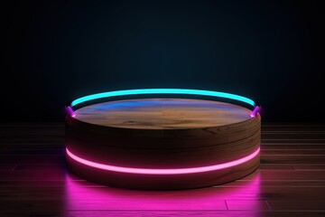 wooden podium for product showcase with neon lights