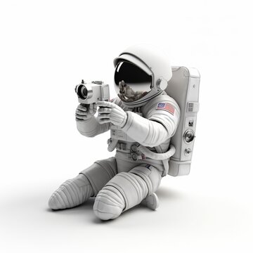astronaut taking pictures with camera isolated on white background