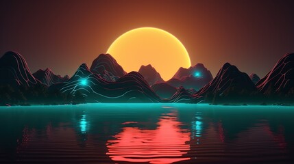 a digital illustration of sunset over the lake