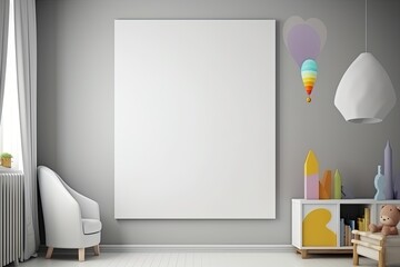 Empty blank frame, poster mockup template in a light childrens room created using generative AI tools