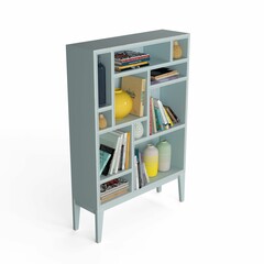 3D rendering of a blue wooden shelf filled with a selection of books and magazines.
