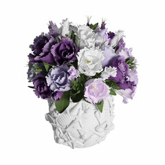 3D rendering of an elegant vase filled with a bouquet of purple and white flowers.