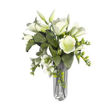 3D rendering of a white flower arrangement in a glass vase on a white background.