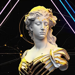 Une sculpture en marbre, statue d'une personne stoïcienne grecque ou romaine, représentant le stoïcisme. Avec de l'or et du noir, kintsugi - obrazy, fototapety, plakaty