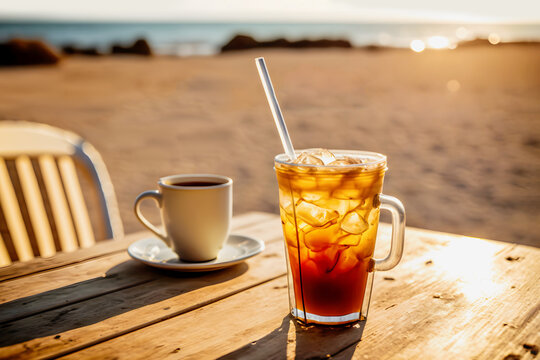 Iced Coffee with ice cubes in tall glass  with cup of espresso on wooden table in open air cafe on blurred seascape background. Summer beverages. Summer vacation and sea resort concept. Generative ai