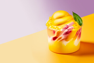 Natural mango sherbert or ice cream in transparent bowl with green leaf on orange blue gradient background. Sweet healthy cold summer dessert. Copy space. Generative ai