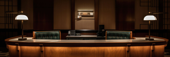 Front desk. Reception, or admission desk of an premium or high class hotel or conference center. generative AI.