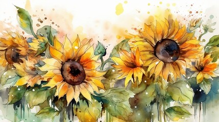 Beautiful minimalistic watercolor of yellow sunflower flowers wallpaper background. Tranquil aromatherapy health. Sun bloom. Generative AI