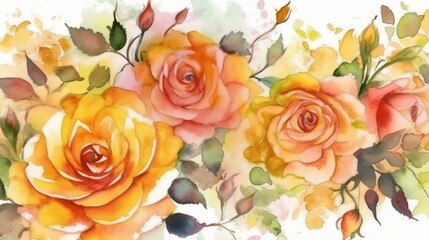 Beautiful watercolor of yellow and orange roses, soft pastel desktop background wallpaper. Wedding invitation décor. Generative AI.