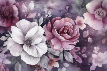 Beautiful watercolor of pink, red and white roses and peony flowers, soft pastel bouquet. Desktop background wallpaper.  Generative AI.