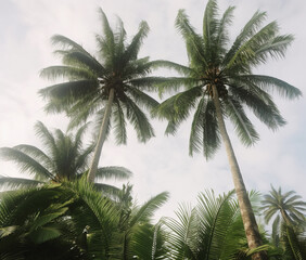 Tropical palm trees with coconuts.. AI generated image.
