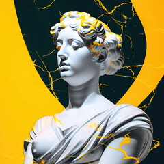 Une sculpture en marbre, statue d'une personne stoïcienne grecque ou romaine, représentant le stoïcisme. Avec de l'or et du noir, kintsugi - obrazy, fototapety, plakaty