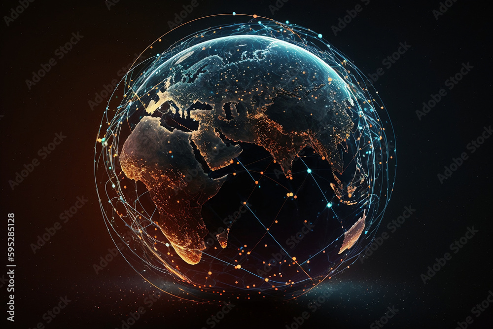 Wall mural global network connection - illustration - world map point and line composition - concept of global