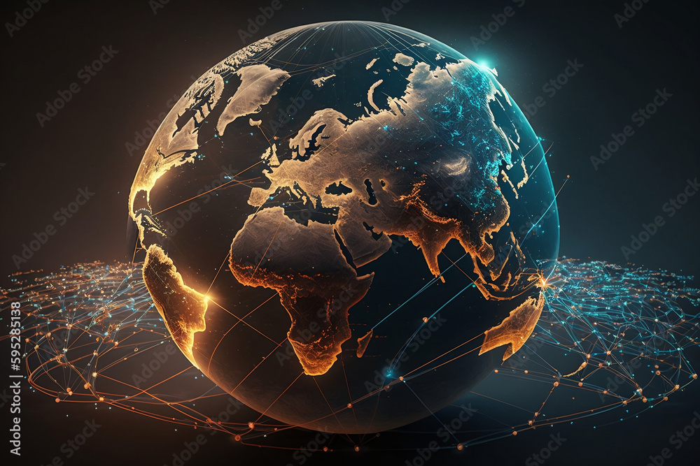 Wall mural global network connection - illustration - world map point and line composition - concept of global