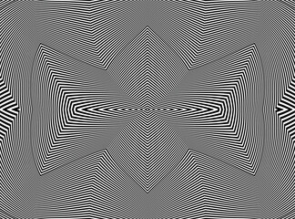 Line art optical art. Psychedelic background. Monochrome background. Optical illusion style. Black dark background. Modern pattern. Abstract graphic texture. Graphic ornament