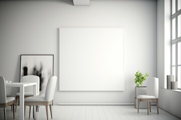 Empty white picture mockup frame  for art/poster placement in a clean, minimalistic office space created using generative AI tools