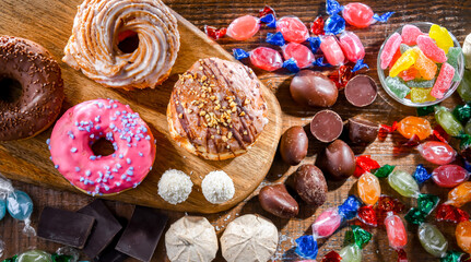 Food products rich in sugar. Junk food