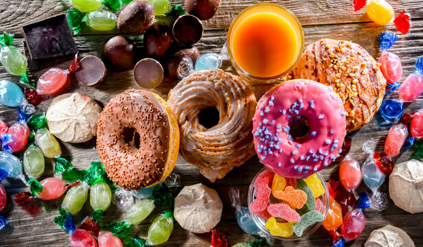 Food products rich in sugar. Junk food