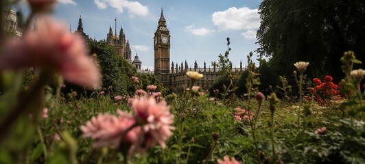 Big Ben, the Palace of Westminster in London, UK seen from public garden with flowers