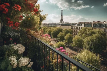 Keuken spatwand met foto Paris summer Balcony with flowers, view to the Eiffel Tower, Generative AI © swissa