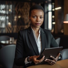 In einem Besprechungsraum nutzt eine afroamerikanische Geschäftsfrau ein digitales Tablet, Generative AI. - obrazy, fototapety, plakaty