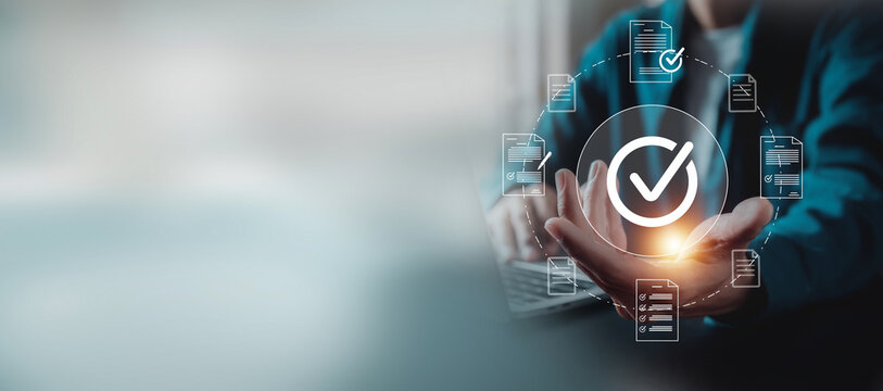 The company's product quality certificate is compliant, the check mark symbol represents the standard quality control.iso certified business,to international standards and quality assurance concept.	
