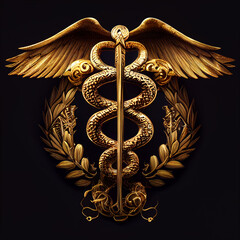 caduceus medical symbol, caduceus symbol on black, Emi Gold arcadian style of the caduceus of Asclepius, Golden Caduceus Medical Symbol, 3D rendering with a black background, generative ai