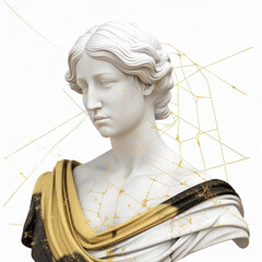 Une sculpture en marbre, statue d'une personne stoïcienne grecque ou romaine, représentant le stoïcisme. Avec de l'or et du noir, kintsugi