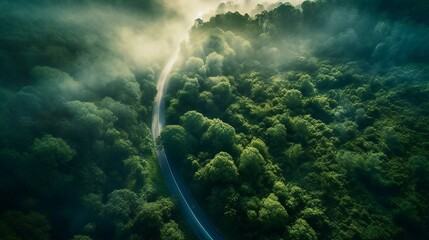 Photo of a road cutting through a forest, lone journey background, asphalt road in woods, created using Generative AI technology