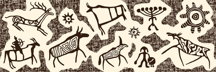 Ethnic seamless border on the theme of rock paintings, vector design, banner