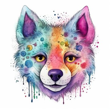 Cute Wolf Watercolor Illustartion. Adorable Baby Animal for Kids Print. Ai generated