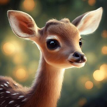 cute Baby Bambi with big eyes, spots, Illustration AI 
