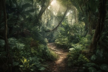 Nature painting featuring path through jungle with trees and plants on both sides. Generative AI