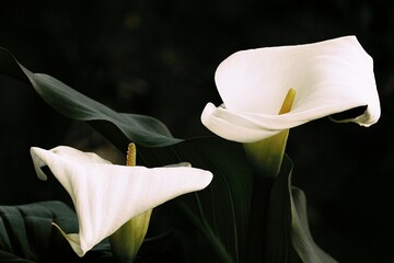 Calla white kalia's with green leaves on a black background
