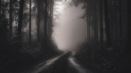 Obraz na płótnie Canvas Black and white photo of a climatic road in the middle of a coniferous forest during foggy weather, created using Generative AI technology