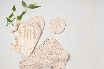 Reusable handmade cotton pads for makeup removal. Sustainable, eco friendly, zero waste personal hygeinie concept. Top view, flat lay