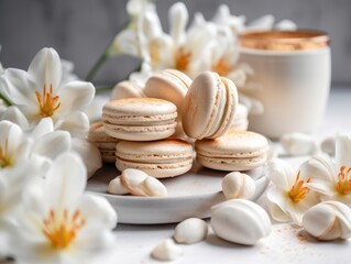 Fototapeta na wymiar Homemade sweet Vanilla macarons. Generative AI