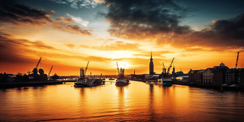 Obraz na płótnie Canvas Hamburg port sunset - generative AI