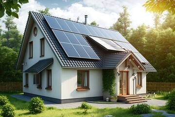Fototapeta na wymiar Modern house with solar panels on the roof