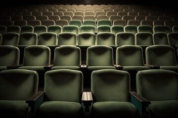 Obraz premium Empty cinema auditorium with green seats and lighting