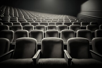 Empty cinema auditorium with rows of seats. Black and white image